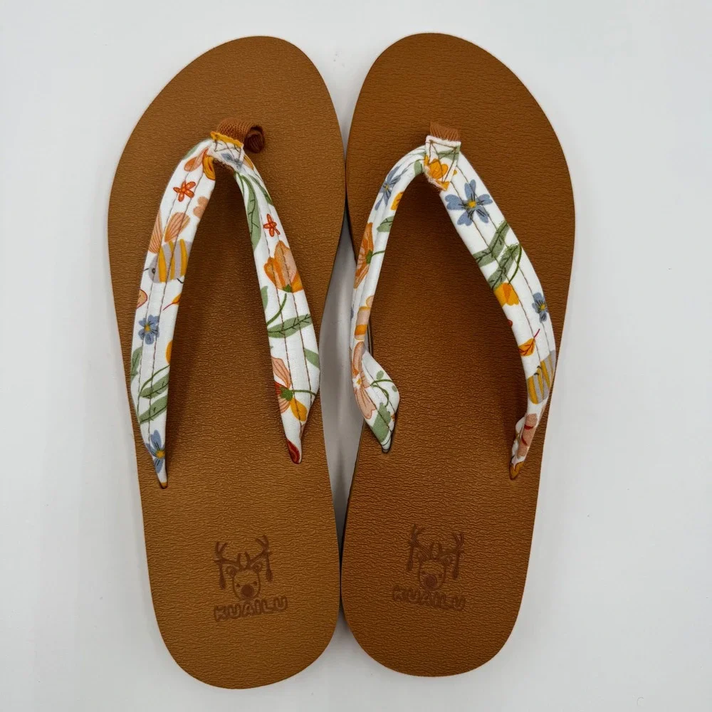 KuaiLu Flip Flops Yoga Mat Comfort Floral Sandals Womens Tan Arc Support Beach